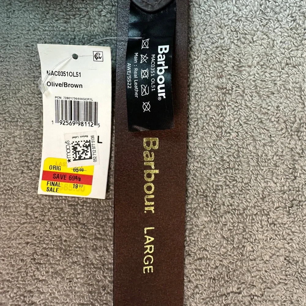 NWT Barbour Mens Brown Leather Belt Large MAC0351OL51 Brass Buckle New